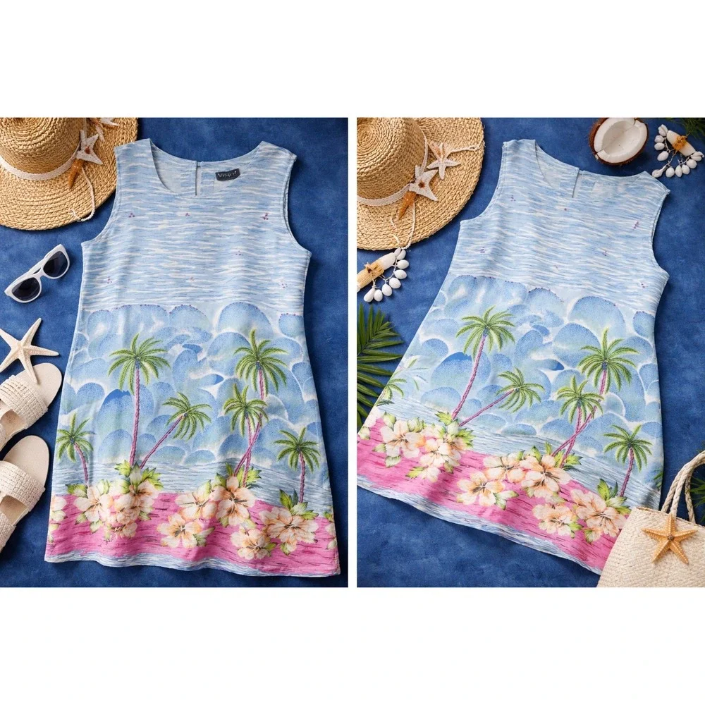 First Vision by Shirin Tropical Palm Tree Dress Sequin Beach Vacation Midi Large - Picture 2 of 3